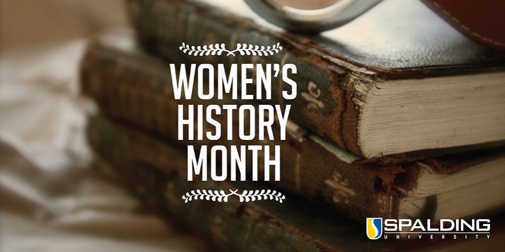 Graphic that says, "Women's History Month" over a stack of books, plus a Spalding logo