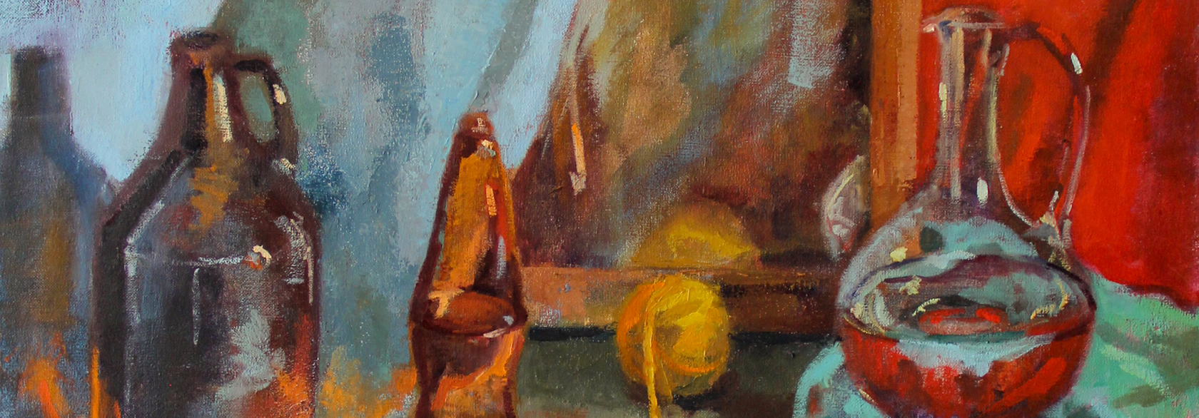 painting of jugs, yarn and mirror by Sam Adair