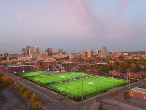 Spalding University Athletic Fields lit up at dusk