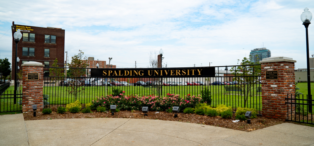 Spalding University sign at the entrance at Trager Park